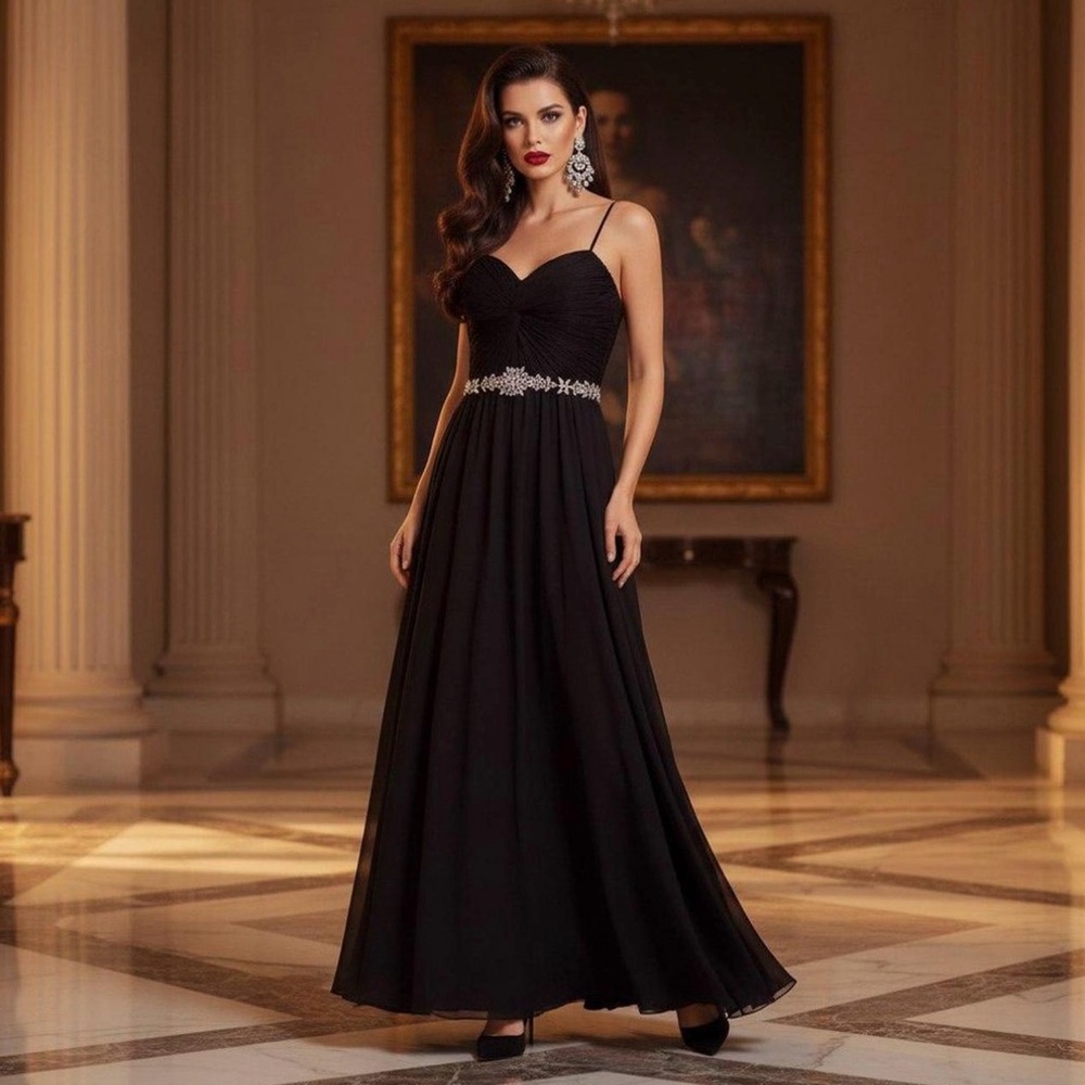 Chicas Sophisticated Black Rhinestone Ball Gown Dress